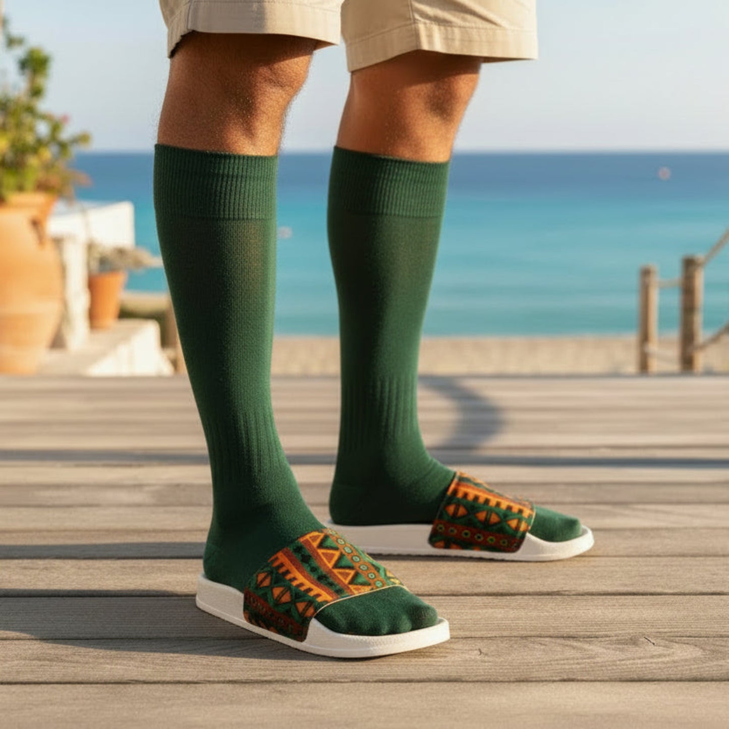 Man wearing Mzansi Moda heritage print men’s slides with white sole styled with grren socks on coastal terrace in summer sunlight