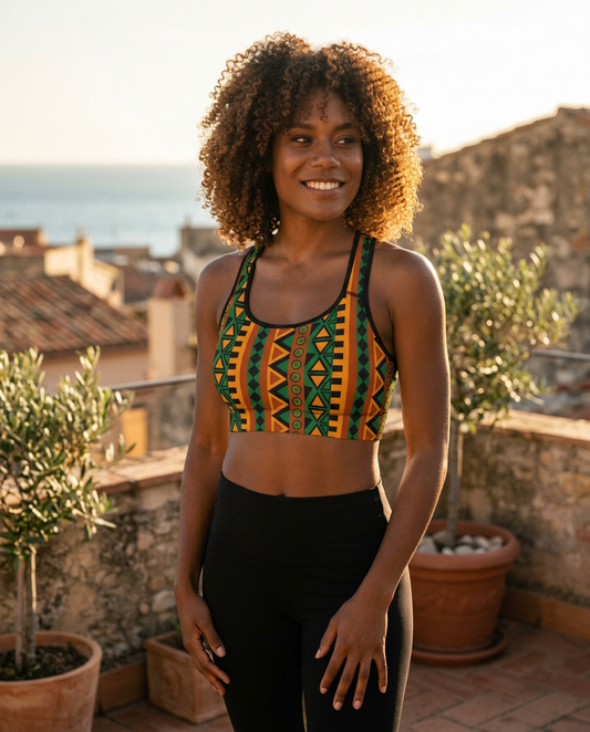 Woman wearing the Mzansi Padded Sports Bra on a rooftop