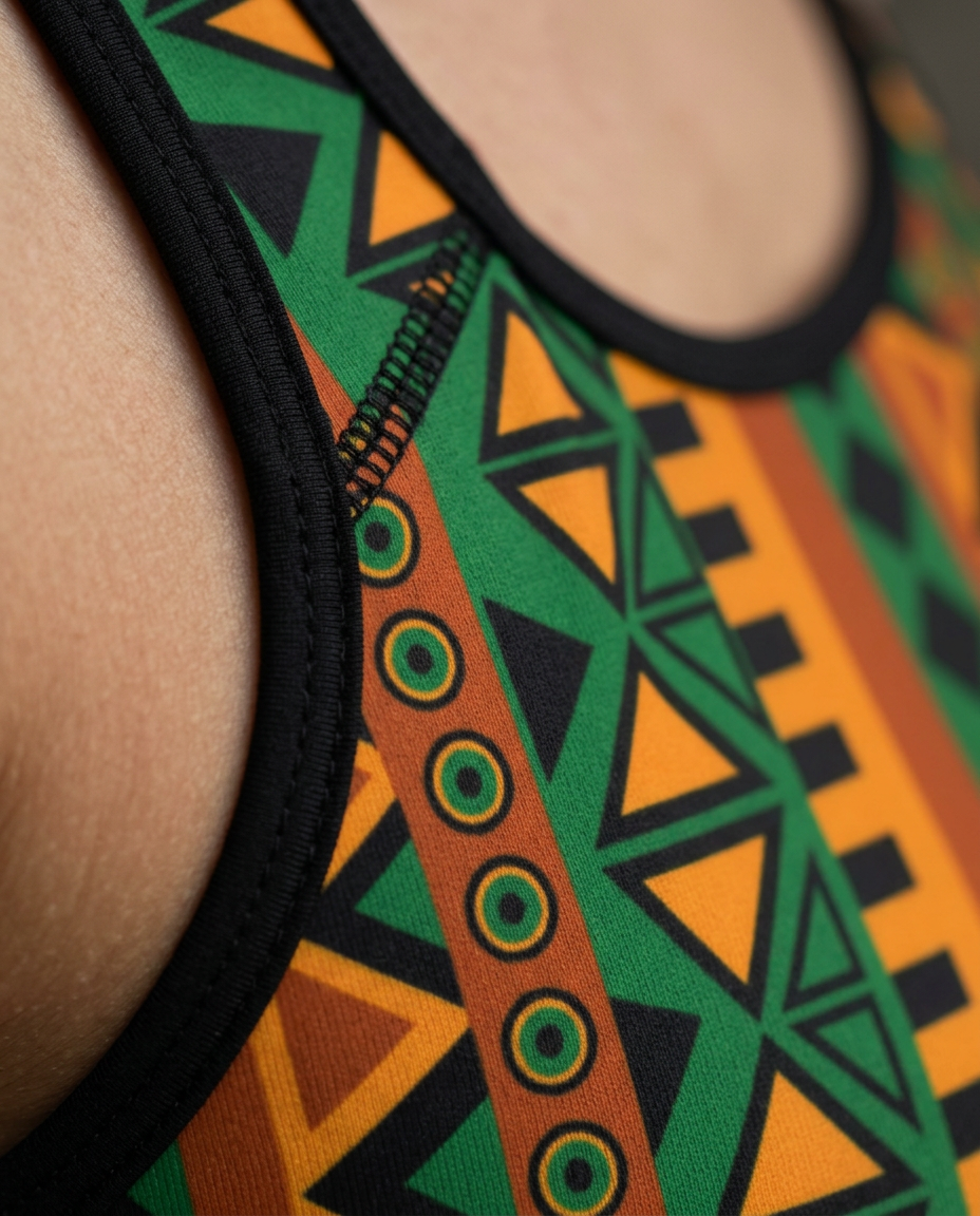 Close-up of the neckline binding on the Mzansi Padded Sports Bra
