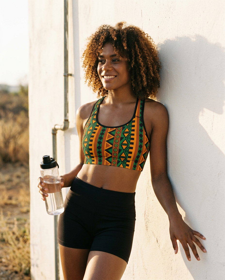 Woman leaning against a wall in the Mzansi Padded Sports Bra at golden hour