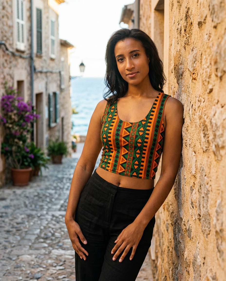 Woman in Mzansi crop top leaning on a stone wall
