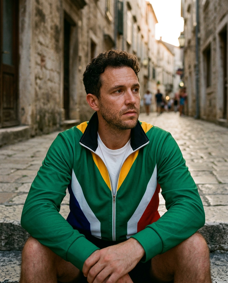 SA Flag Track Jacket worn on old town steps