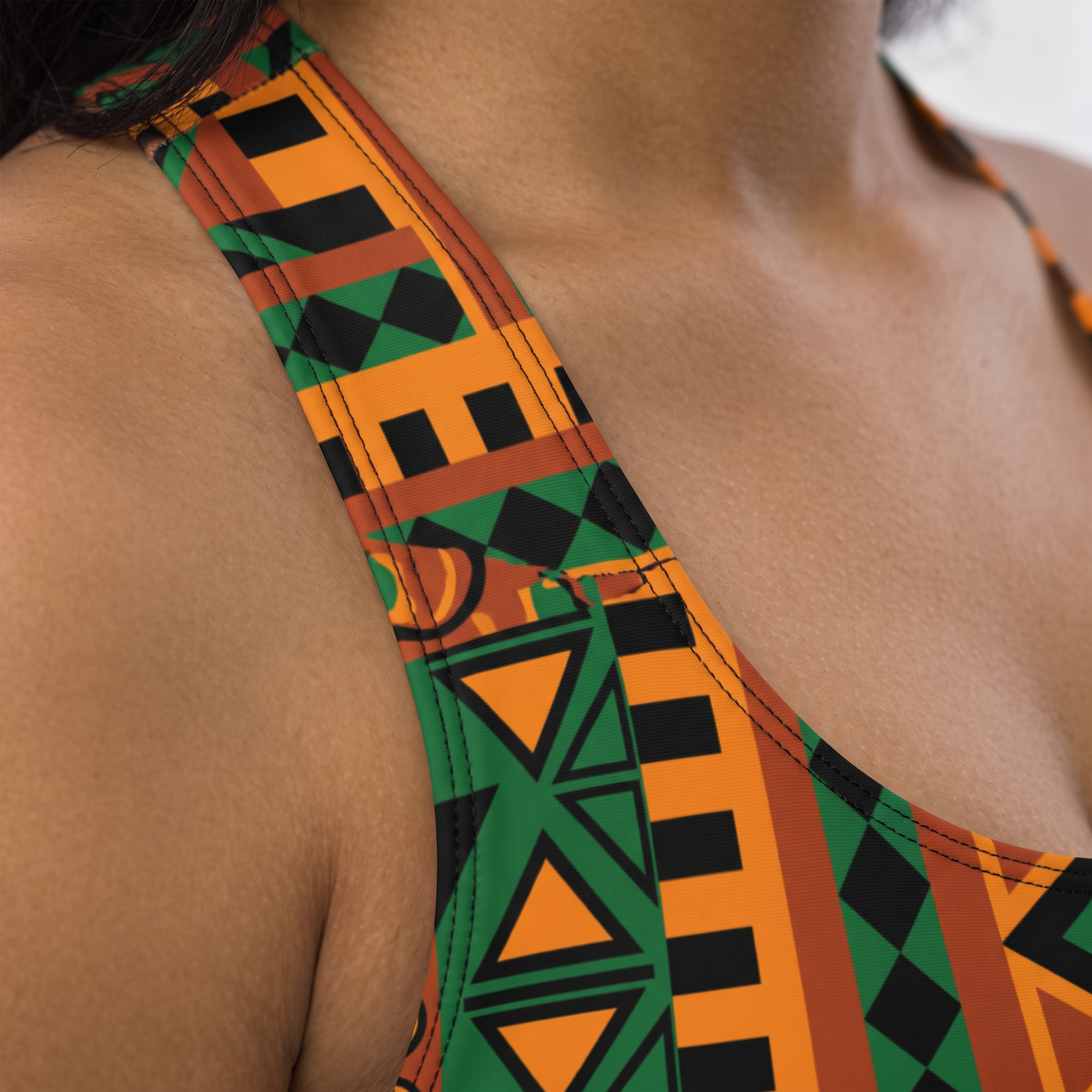 Close-up of the printed strap and fabric of the longline sports bra