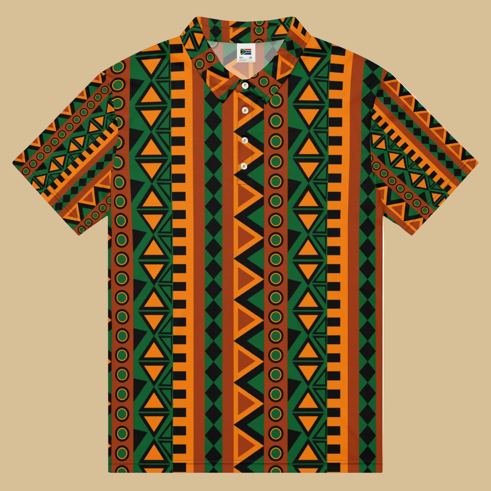 Short-sleeve shirt with a geometric pattern on a beige background