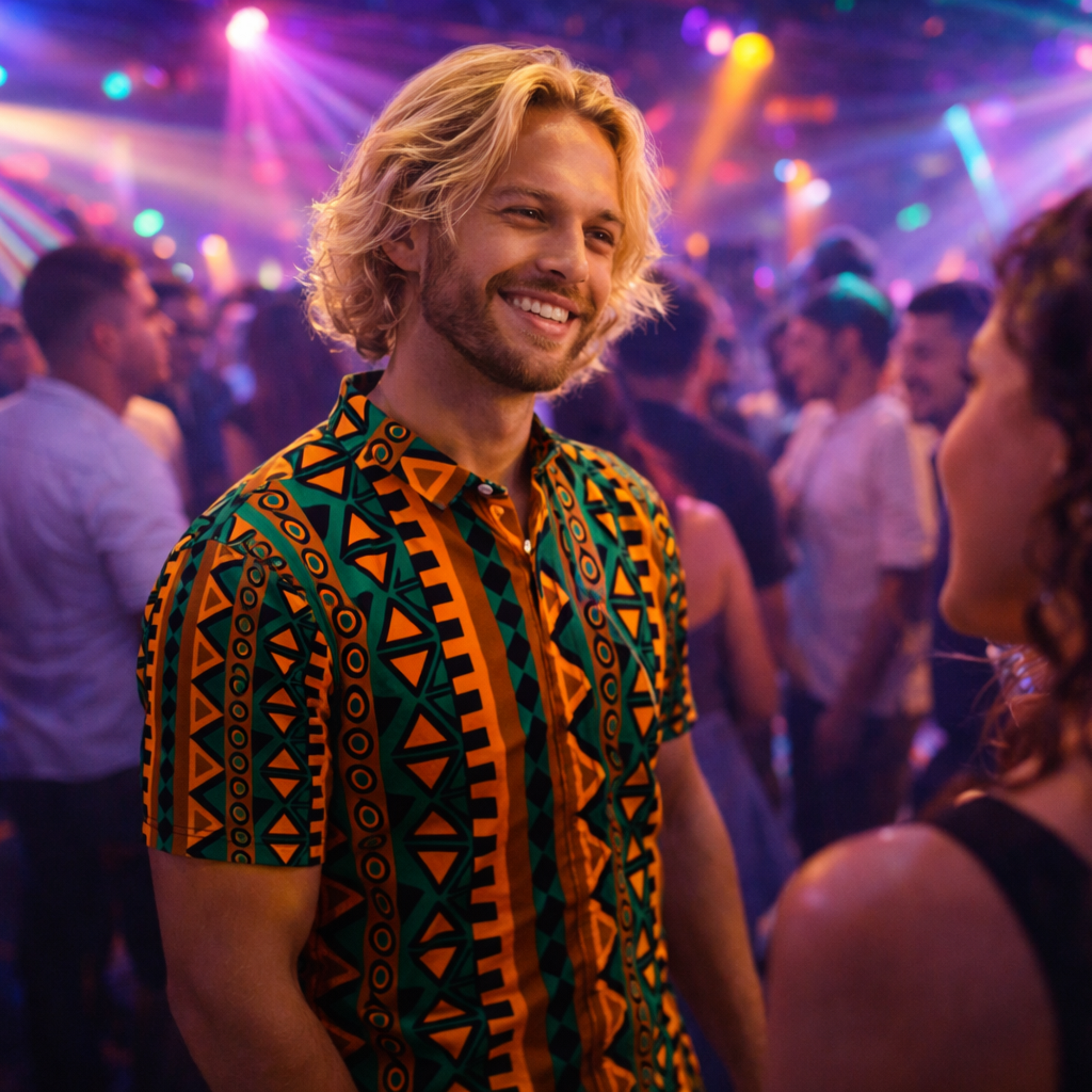 Man wearing Mzansi Moda heritage print slim fit polo shirt in vibrant nightclub setting