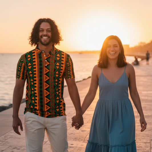 Man wearing Mzansi Moda heritage print slim fit polo shirt walking at sunset by the sea