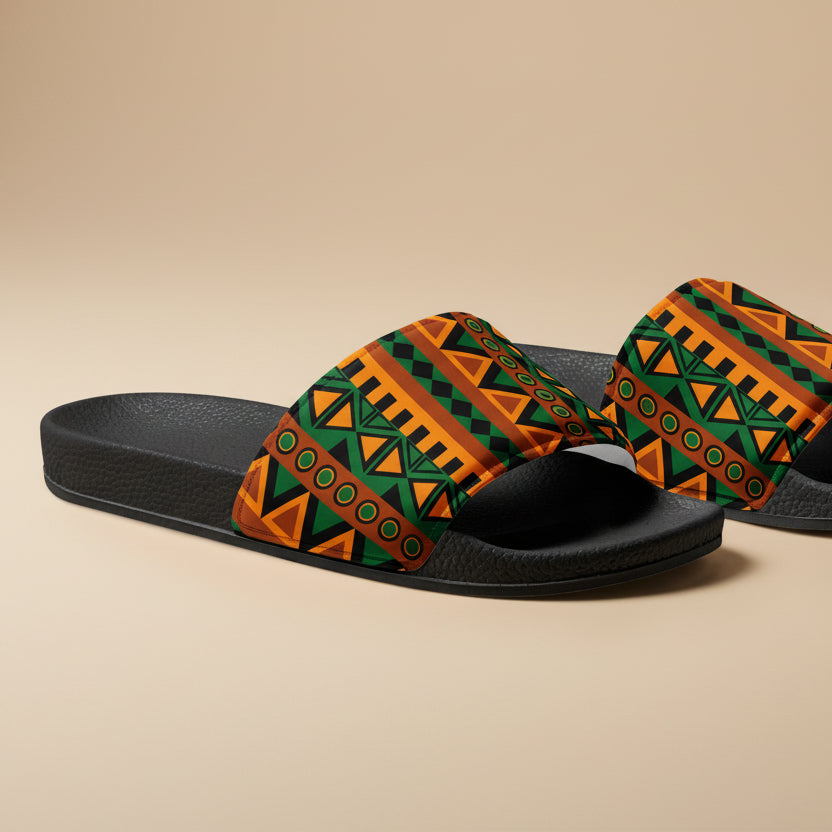 Premium men’s slides with South African heritage print strap and black textured sole angled product view