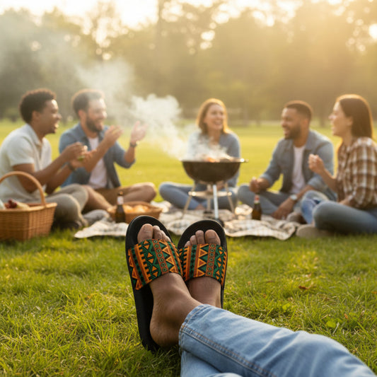 Man wearing Mzansi Moda heritage print men’s slides with black sole relaxing at outdoor summer braai with friends