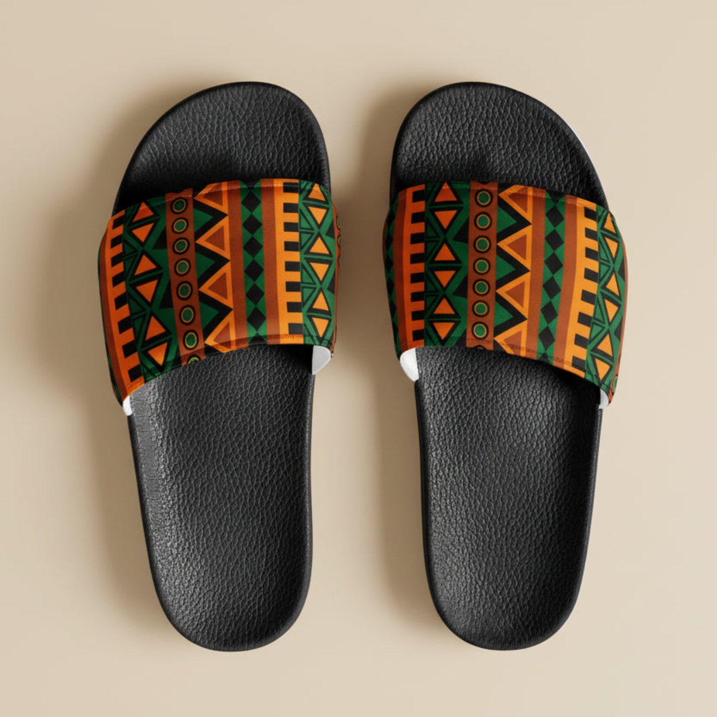 Premium men’s slides with South African heritage inspired geometric print strap and black textured sole