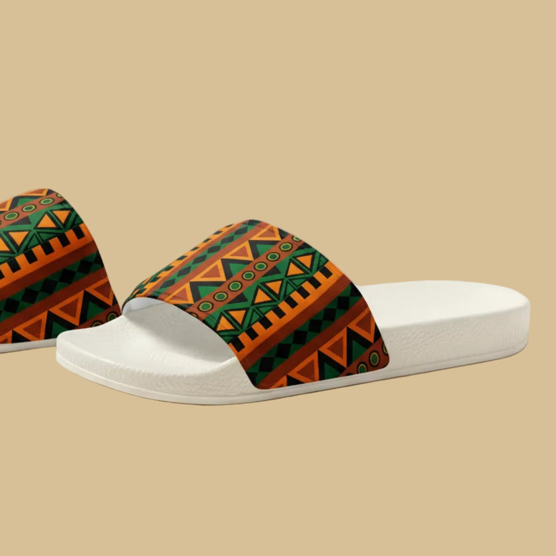 Premium men’s slides with South African heritage print strap and white textured sole angled product view