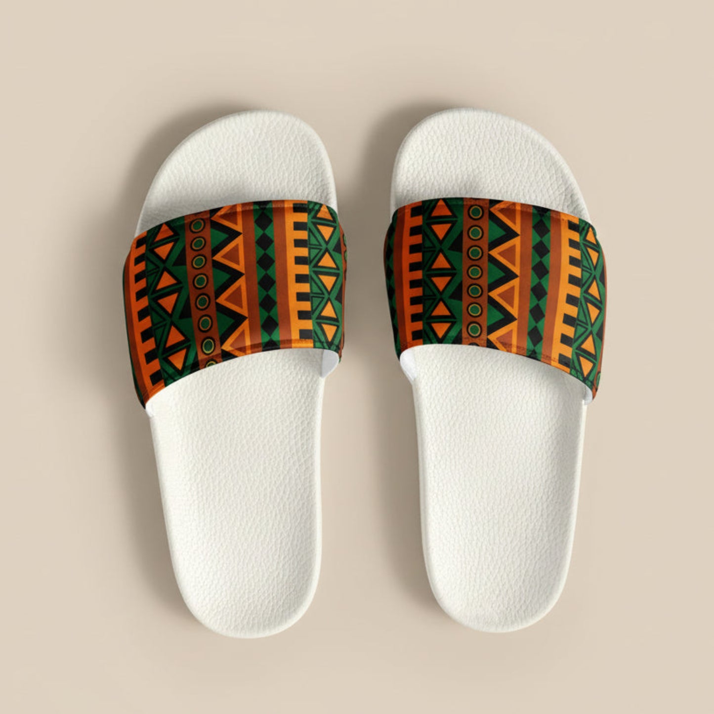 Premium men’s slides with South African heritage inspired geometric print strap and white textured sole