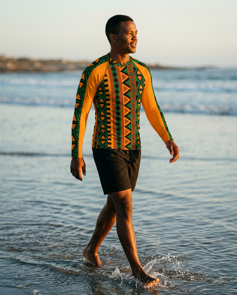 Man walking through shallow water in the Mzansi Men's Rash Guard
