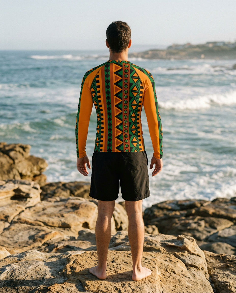 Back view of the Mzansi Men's Rash Guard on a rocky coastal ledge