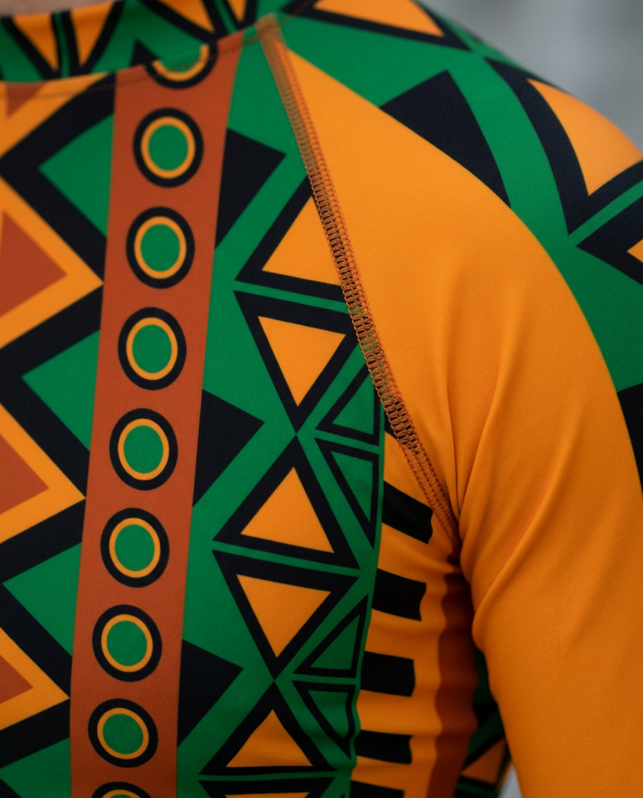 Close-up of the raglan sleeve seam and print on the Mzansi Men's Rash Guard
