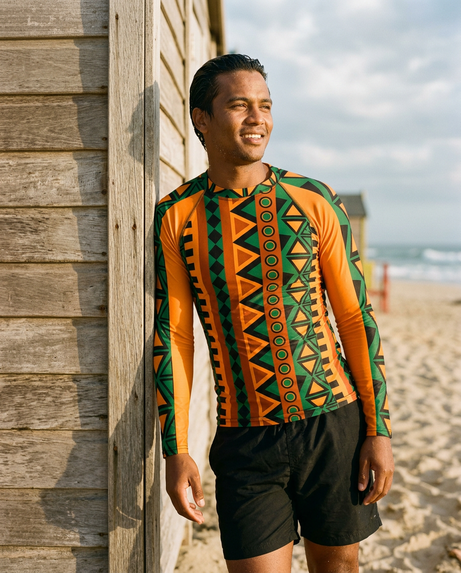 Man leaning against a beach hut in the Mzansi Men's Rash Guard