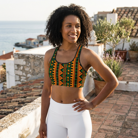 Woman wearing the Mzansi Sports Bra on a sunlit rooftop