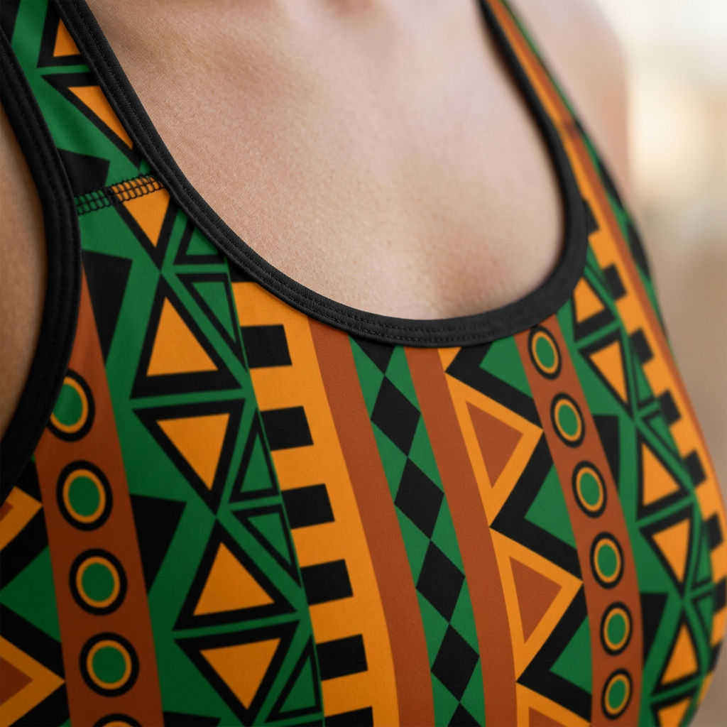 Close-up of the black neckline binding and print on the Mzansi Sports Bra
