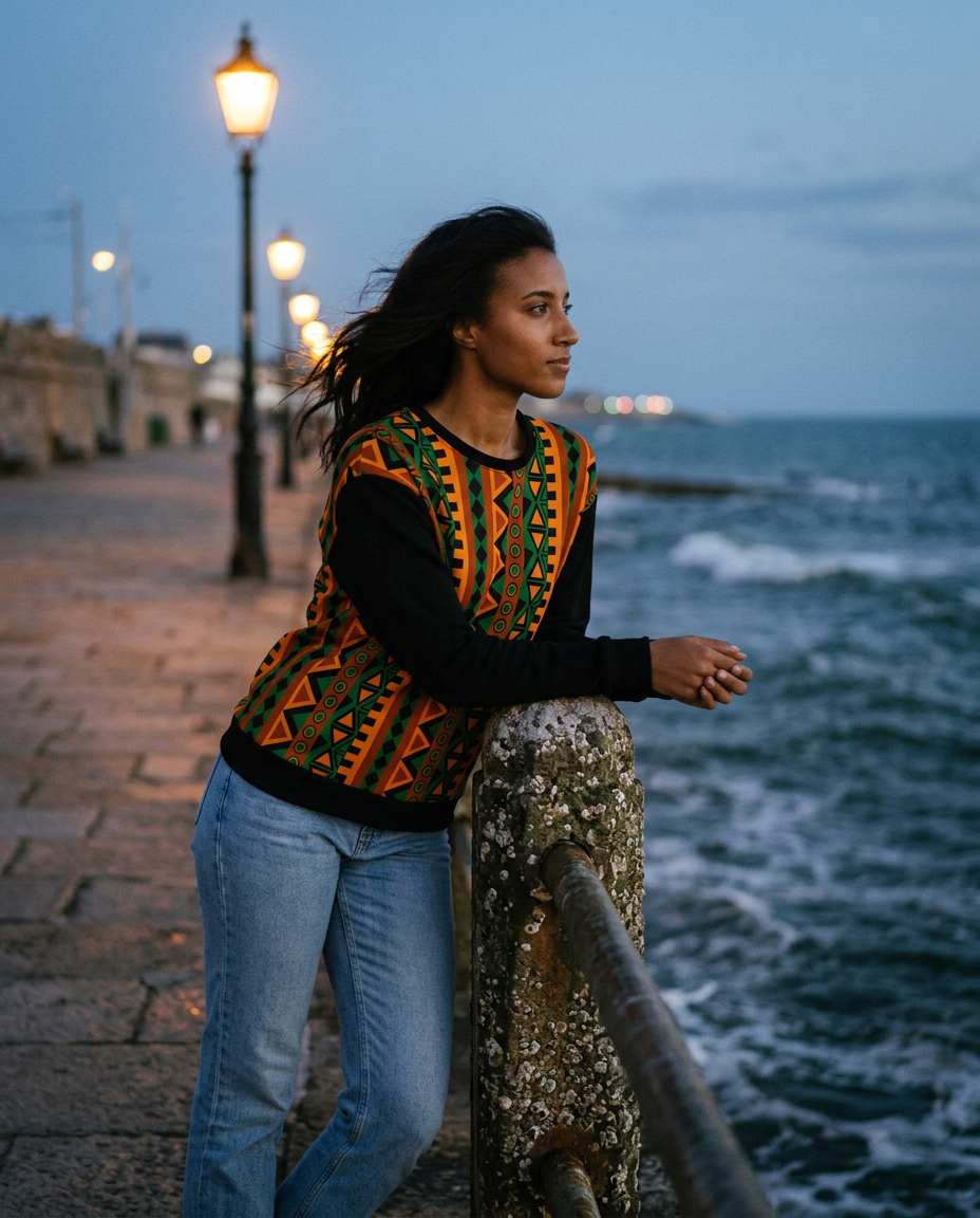 Mzansi Unisex Sweatshirt at the seaside at dusk