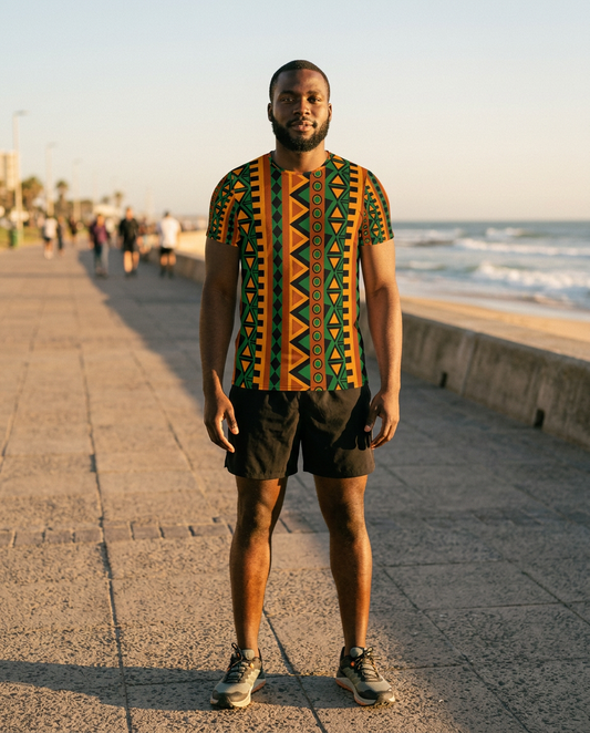 Man wearing Mzansi athletic t-shirt on a coastal promenade