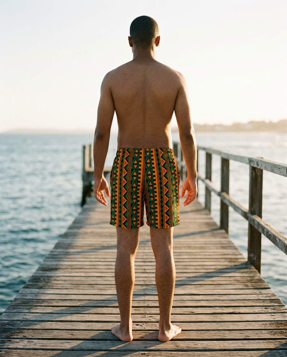 Back view of Mzansi Recycled Swim Trunks on a jetty