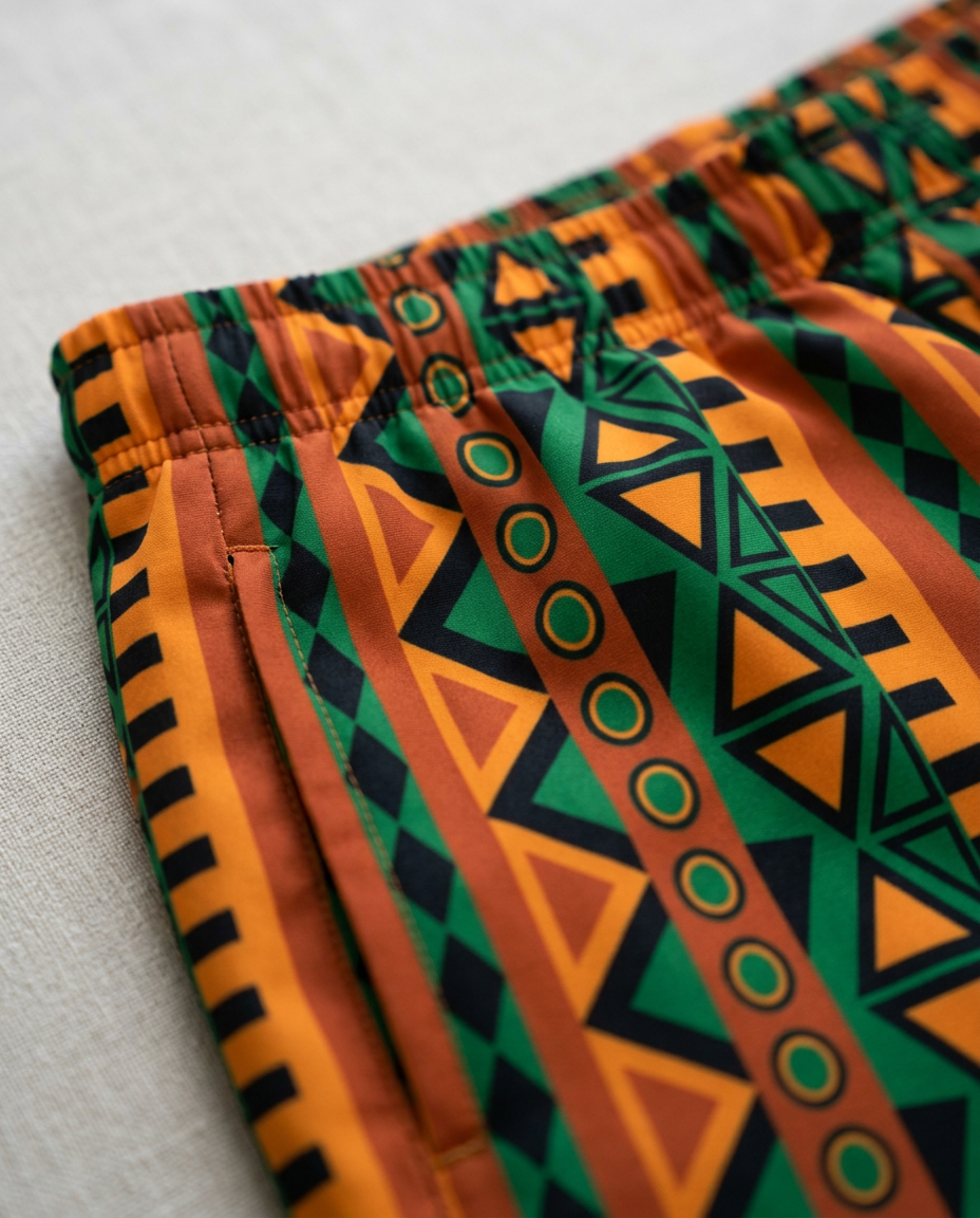 Close-up of the waistband and print of the Mzansi Recycled Swim Trunks