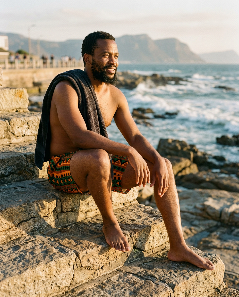 Man sitting on coastal rocks in Mzansi Recycled Swim Trunks