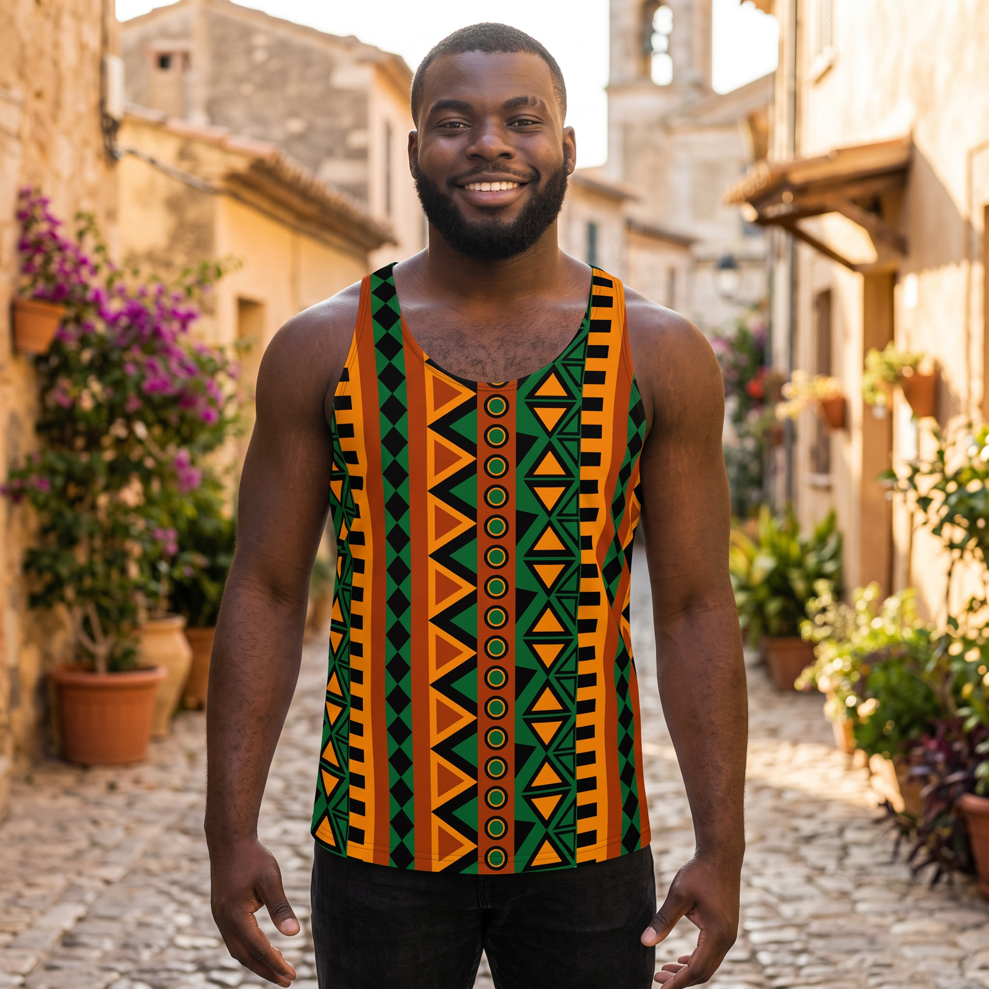 Man wearing the Mzansi Unisex Tank Top in a sunlit stone street