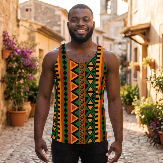 Man wearing the Mzansi Unisex Tank Top in a sunlit stone street