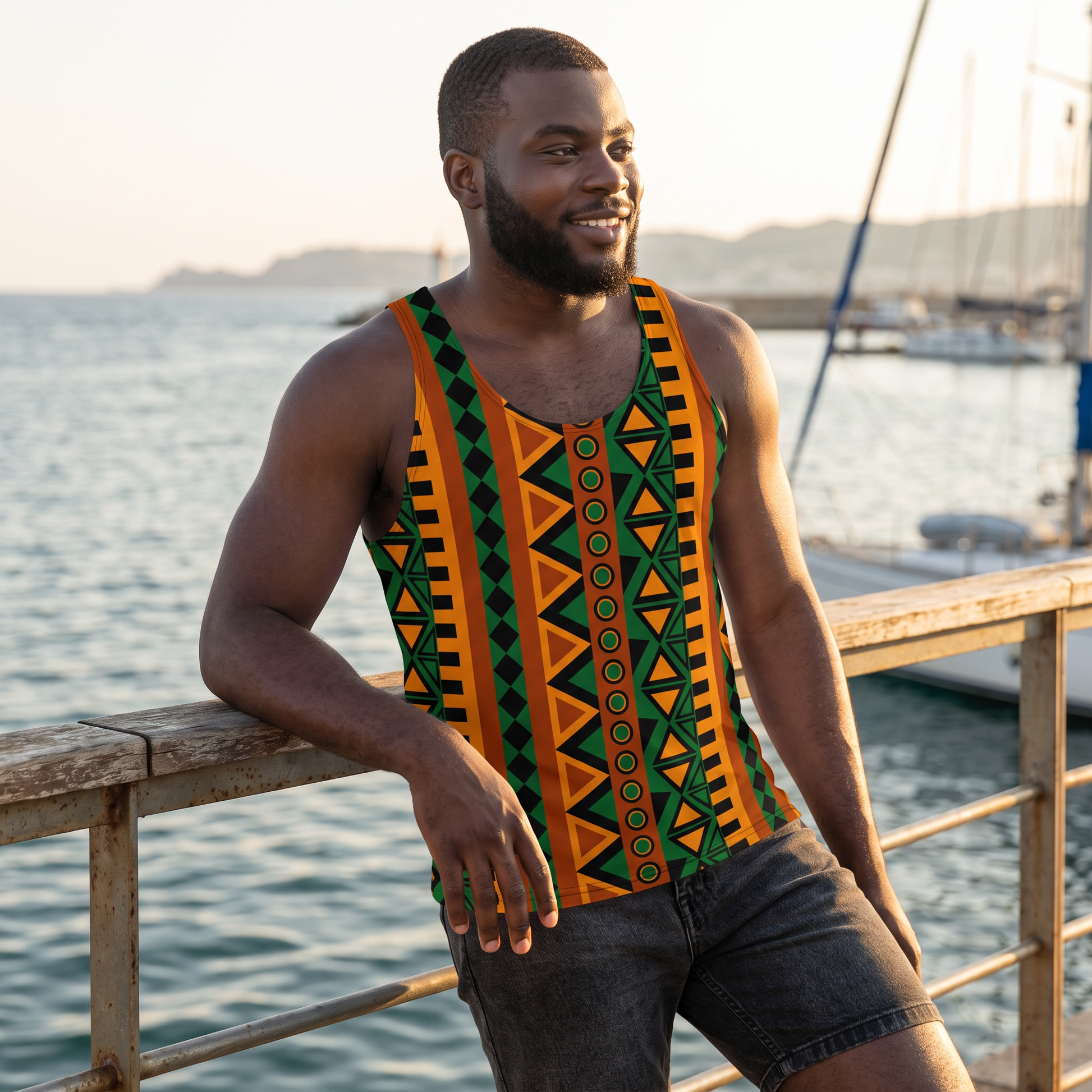 Man at a harbour railing wearing the Mzansi Unisex Tank Top