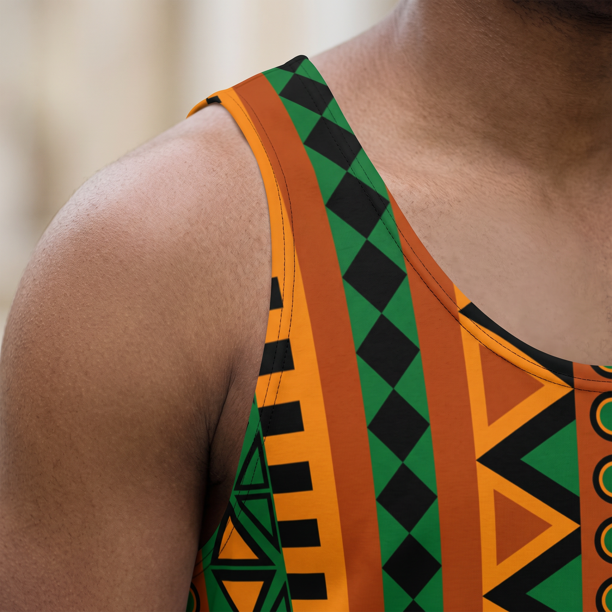 Close-up of the shoulder and neckline of the Mzansi Unisex Tank Top