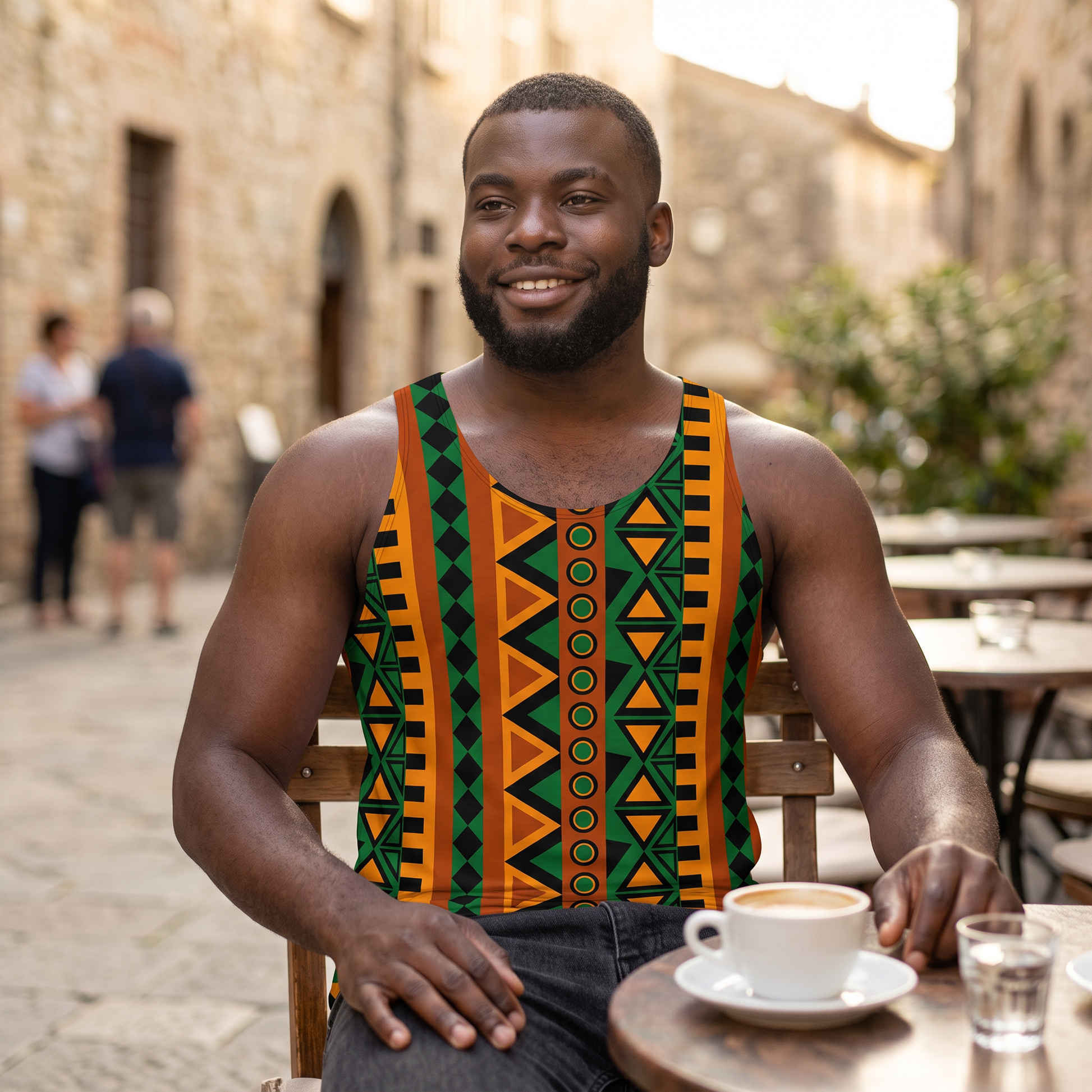 Man at an outdoor cafe wearing the Mzansi Unisex Tank Top