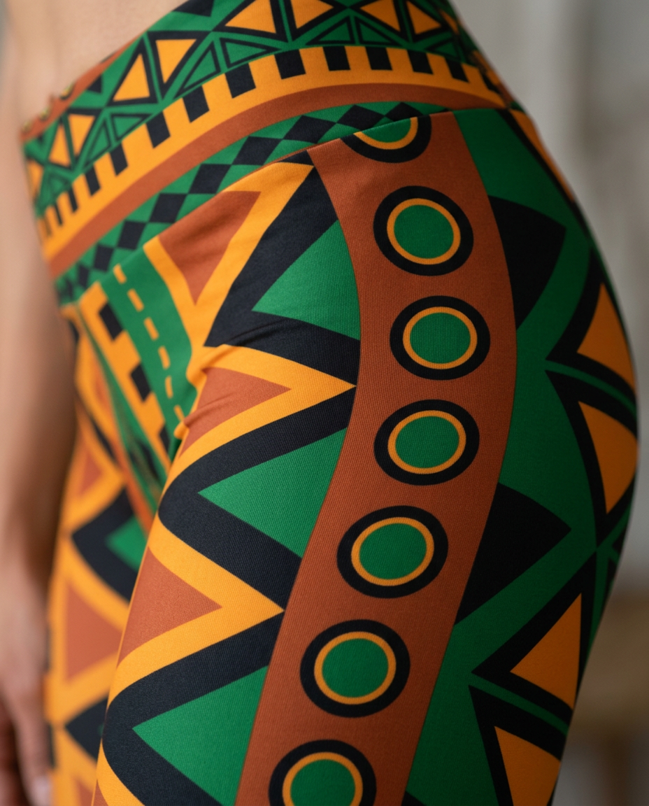 Close-up of the matte tribal print fabric of the Mzansi Yoga Leggings
