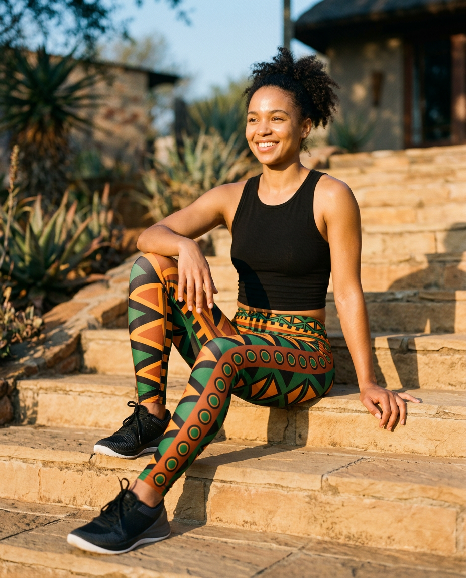 Woman resting on stone steps in Mzansi Yoga Leggings